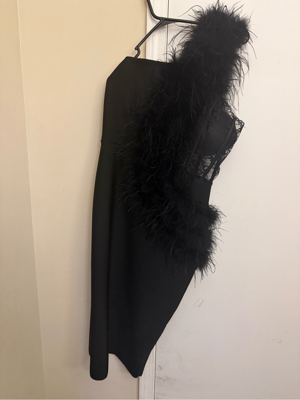 Black Feather Trim Sleek Dress